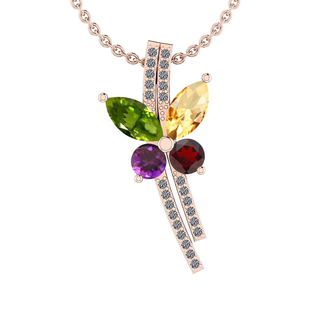 0.76 Ctw I2/I3 Multi Stone And Diamond 10K Rose Gold Pendant: Multi Stone Weight : 0.70 Ctw ( Marquise & Round Cut) Multi Stone Color :-Amethyst,Garnet,Peridot,Citrine Multi Stone Setting : Prong Side Stone Weight Of Ctw 0.06 Ctw Side Stone Color : J-K Stone