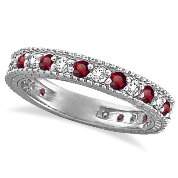 Diamond and Garnet Eternity Ring Filigree Band 14k White Gold 1.08ctw: CENTER STONE; Garnet CENTER STONE CLARITY; CENTER STONE COLOR; CENTER STONE SETTING; Prong SIDE STONE CLARITY; SI1-SI2 SIDE STONE COLOR; J-K SIDE STONE SETTING; Prong ctw OF SIDE STONE: 0.5 SIDE