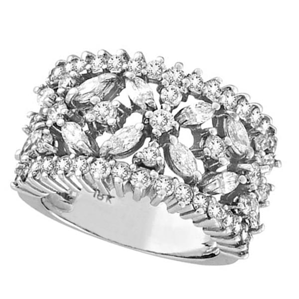 Marquise and Round Diamond Flower Ring in 18K White Gold 2.34 ctw: CENTER STONE; Diamond CENTER STONE CLARITY; SI CENTER STONE COLOR; J-K CENTER STONE SETTING; Prong SIDE STONE CLARITY; SI SIDE STONE COLOR; J-K SIDE STONE SETTING; Prong ctw OF SIDE STONE: 1.38 SIDE