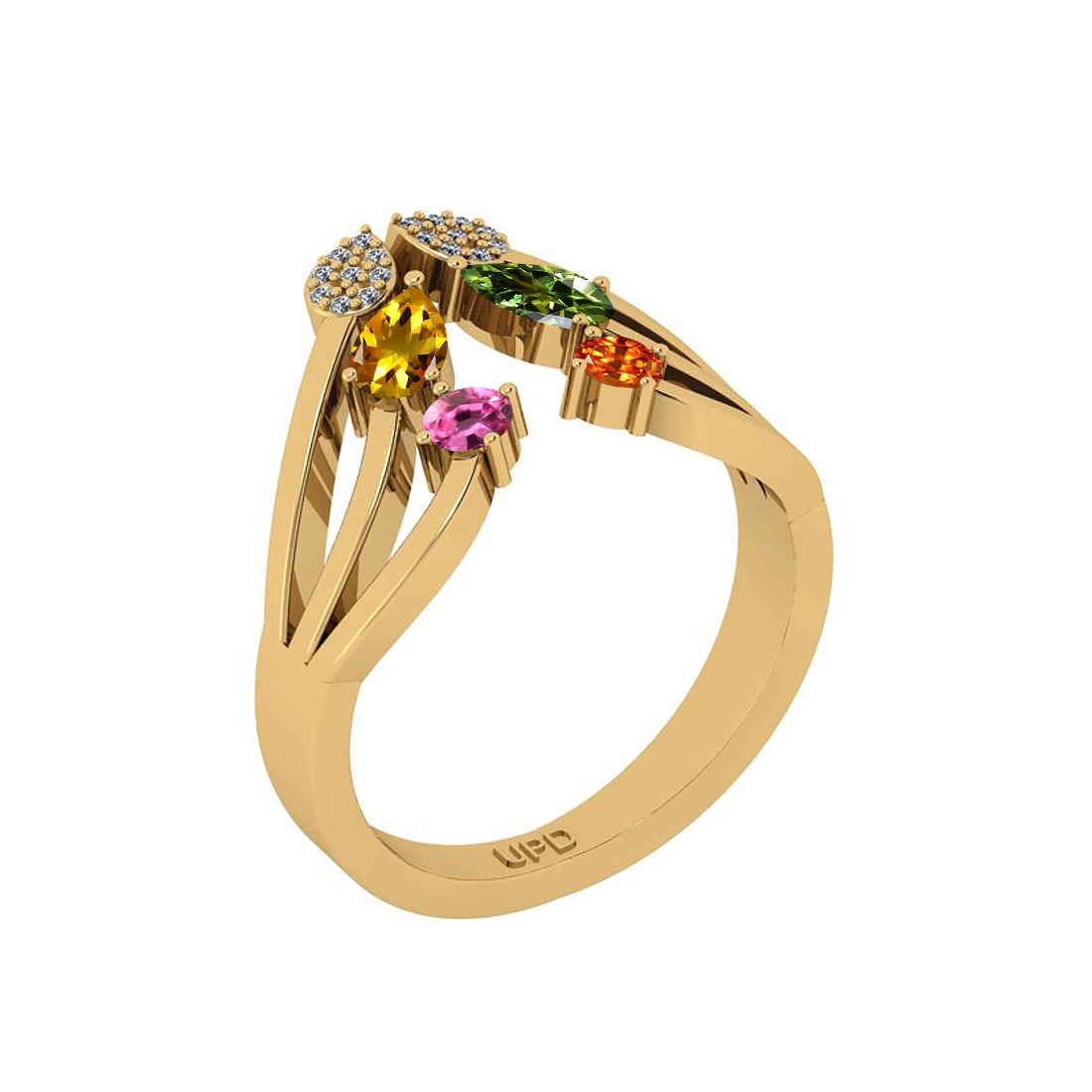 0.72 Ctw I2/I3 Multi Stone And Diamond 14K Yellow Gold Ring: Multi Stone Weight : 0.68 Ctw ( Pear & Round Cut) Multi Stone Color :-Pink,Green,Yellow,Orange Sapphire Multi Stone Setting : Prong Side Stone Weight Of Ctw 0.04 Ctw Side Stone Color : J-K Stone Clari