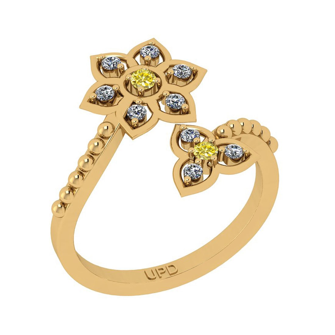 0.30 Ctw i2/i3 Treated Fancy Yellow and White Diamond 14K Yellow Gold Flowe: Color Stone Weight : 0.07 Ctw ( Round cut) Center Stone Color : Treated Fancy Yellow Diamond Center Clarity : i2/i3 Center Stone Setting : Prong Side Stone Weight Of Ctw 0.23 Ctw Side Stone Color : J-