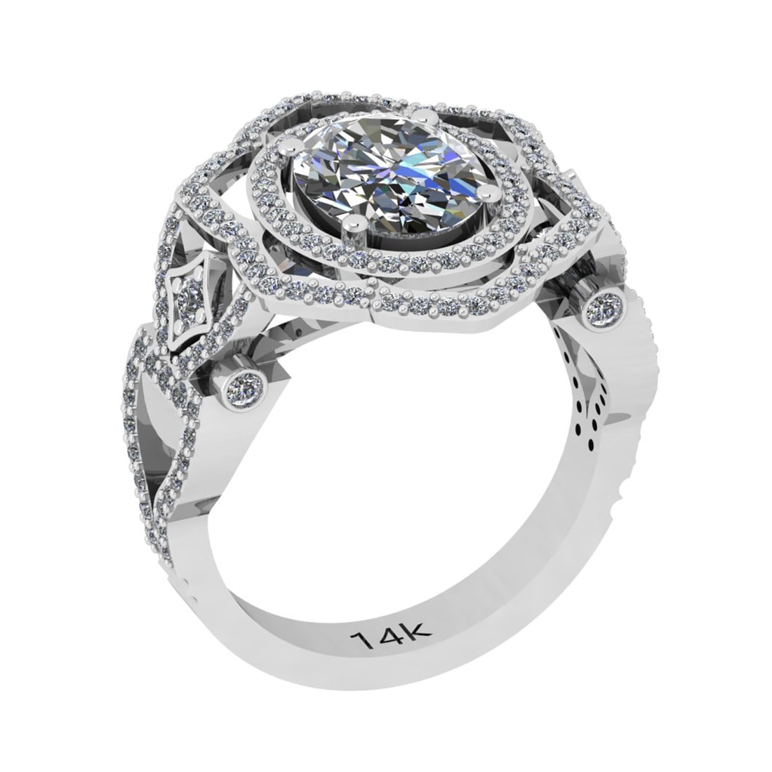2.80 Ctw SI2/I1 Diamond 14K White Gold Bridal Wedding Halo Ring: Center Diamond Weight : 2.00 Ctw (Oval Cut) Center Diamond Color : J-K Center Stone Setting : Prong Center Stone Clarity : SI2/I1 Side Stone Weight Of Ctw 0.80 Ctw Side Stone Color : J-KStone Clarity 