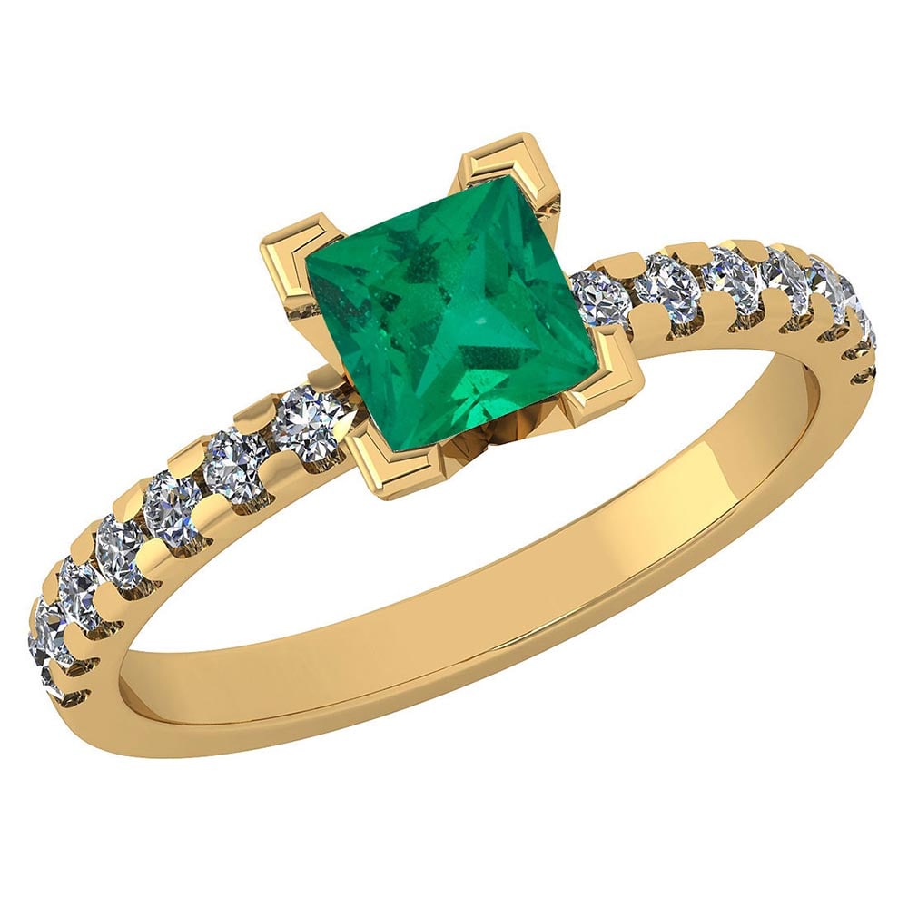 Certified 1.04 Ctw Emerald And Diamond Ladies Fashion Halo Ring 14k Yellow: Center Stone Weight ; 0.75 Ctw (1 Pcs Princess) Center Stone Color: Emerald Center Stone Setting ; Prong Side Stone (14 Pcs Round Cut Diamond) 0.29 ctw Side Stone Color: White G-H Diamond Side Stone S