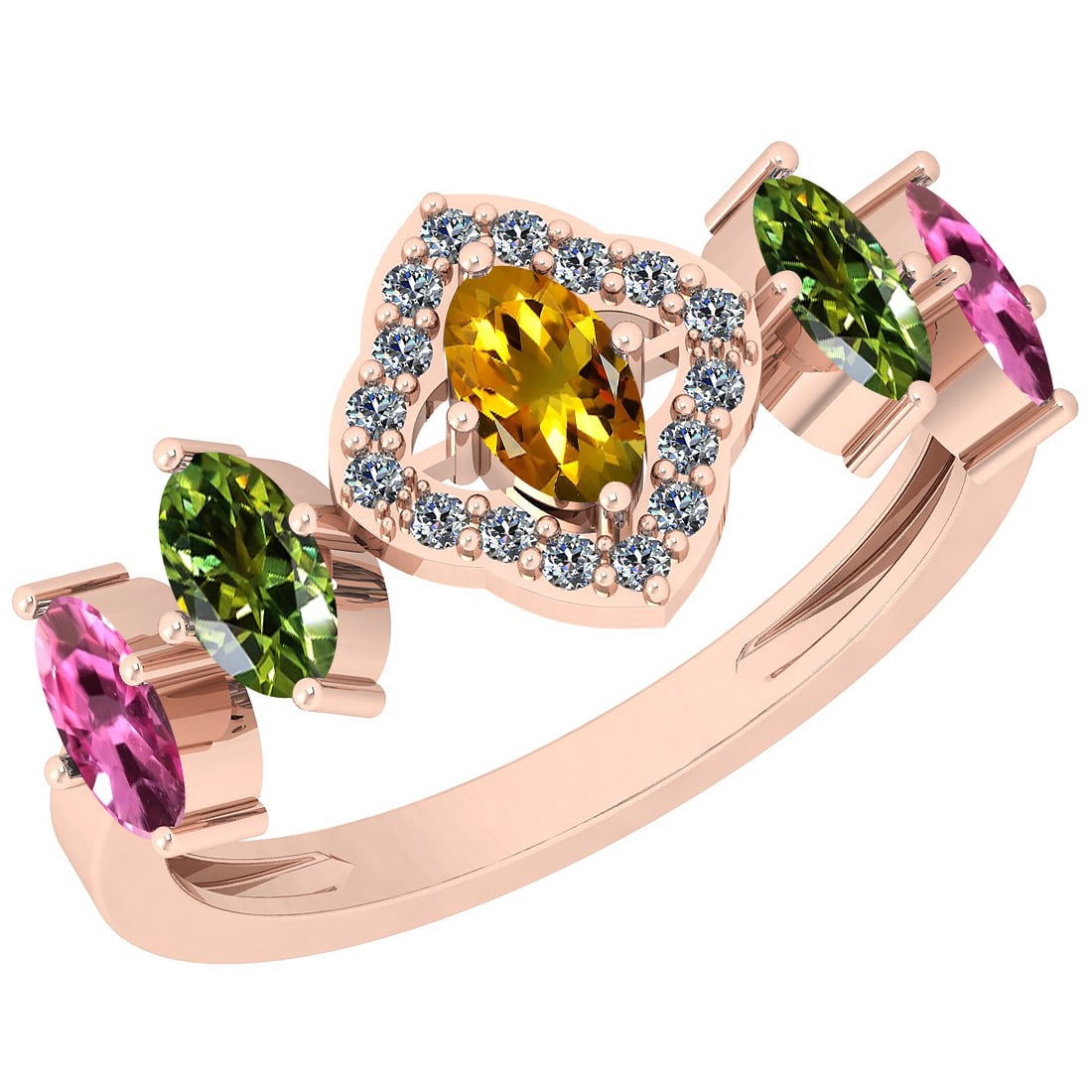 Certified 1.34 Ctw Multi Sapphire And Diamond VS/SI1 14K Rose Gold Vintage: Center Stone Approx Weight: 1.25 Ctw (Oval Cut) Center Stone Color: Multi Sapphire Center Stone Setting: Prong Side Stone 0.09 Ctw Side Stone Color: J-K Stone Clarity: VS/SI1 Stone Setting: Prong Meta