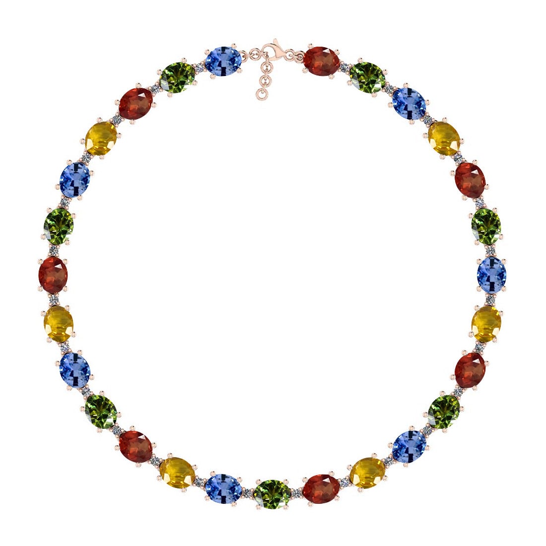 11.06 Ctw I2/I3 Multi Sapphire And Diamond 14K Rose Gold Bracelet: Color Stone Weight : 10.80 Ctw (Oval Cut ) Center Stone Color : Red,Yellow,Green, Sapphire Center Stone Setting : Prong Side Stone Weight Of Ctw 0.26 Ctw Side Stone Color : J-K Stone Clarity : I2/I3 S