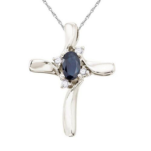 Blue Sapphire and Diamond Cross Necklace Pendant 14k White Gold: CENTER STONE; Sapphire CENTER STONE CLARITY; CENTER STONE COLOR; Blue CENTER STONE SETTING; Prong SIDE STONE CLARITY; SI SIDE STONE COLOR; I-J SIDE STONE SETTING; Prong ctw OF SIDE STONE: 0.05 SIDE ST