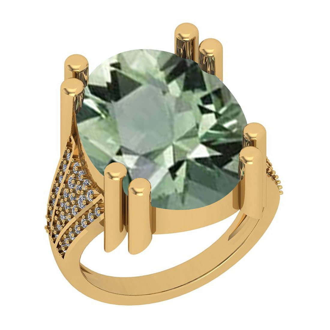 15.15 Ctw SI2/I1 Green Amethyst And Diamond 14k Yellow Gold Vintage Style R: Center Weight : 14.78 Ctw (Oval Cut ) Center Color : Green Amethyst Center Stone Setting : Prong Side Stone Weight Of Ctw 0.37 Ctw Side Stone Color : J-K Stone Clarity : SI2/I1 Stone Setting : Prong
