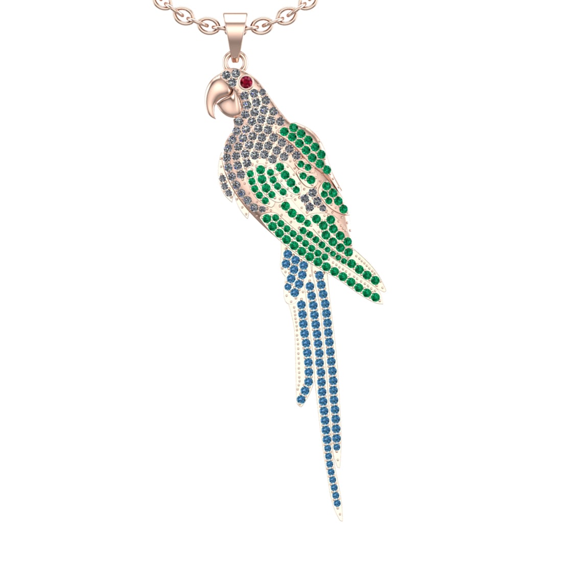 2.71 Ctw SI2/I1 Ruby,Emerald,Blue Topaz and Diamond 14K Rose Gold parrot Pe: Center stone Weight : 2.41 Ctw (Round Cut) Center stone Color :-Ruby,Emerald,Blue Topaz Setting : Prong Side Weight Of Ctw 0.30 Ctw Color : J-K Clarity : SI2/I1 Stone Setting : Prong Metal Weight : Ap