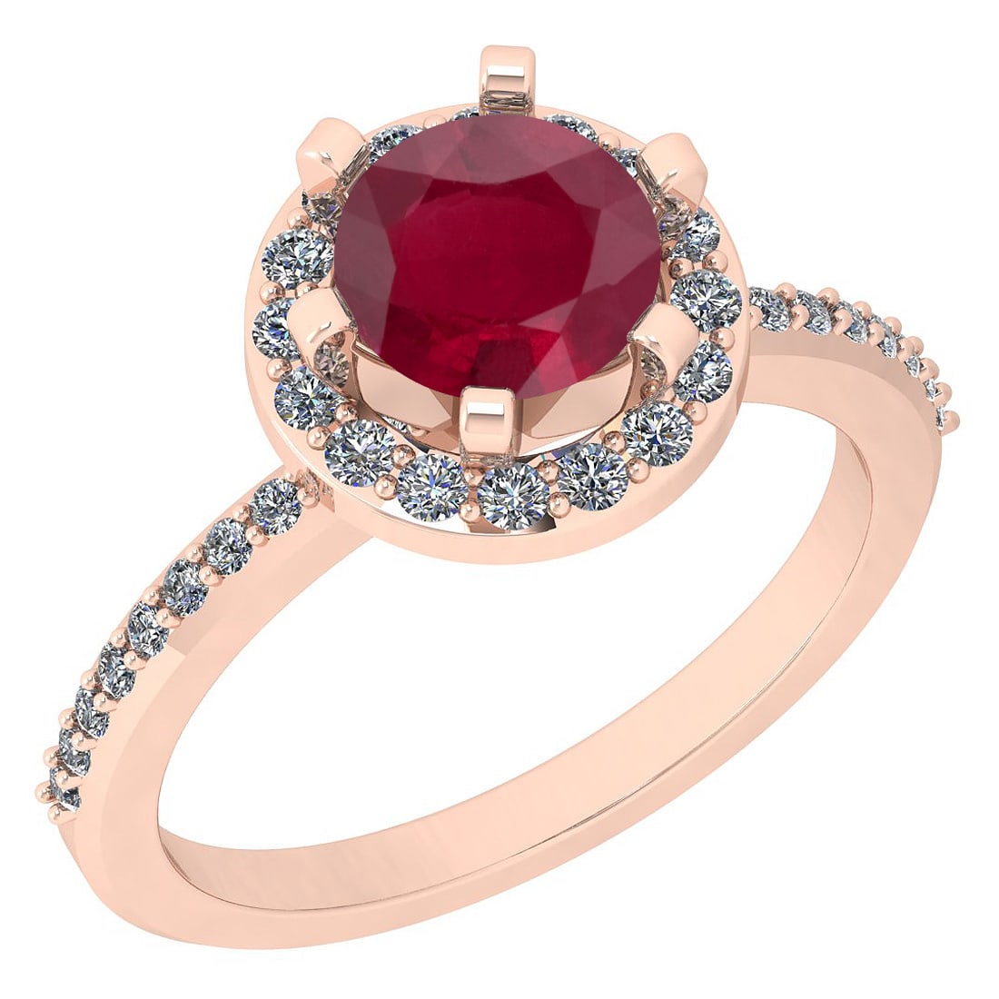 1.52 Ctw SI2/I1 Ruby And Diamond 14K Rose Gold Engagement Halo Ring: Center Weight : 1.14 Ctw ( Round Cut ) Center Color :- Ruby Stone Setting : Prong Side Stone Weight Of Ctw 0.38 Ctw Side Stone Color : J-K Stone Clarity : SI2/I1 Stone Setting : Prong Metal Weight : A