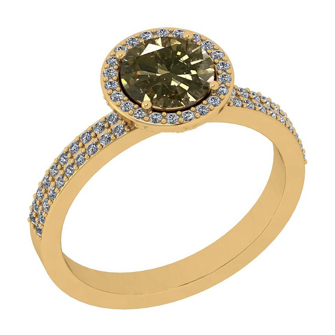 Certified 1.45 Ctw SI1/SI2 Natural Fancy Light Brown Yellow And White Diamo: Center Approx Weight: 1.01 Ctw (Round Cut) Center Diamond Color: Natural Fancy Light Brown Yellow Diamond Center Setting ; Prong Side Stone 0.44 ctw Side Stone Color: G-H Side Stone Setting: Prong Sid