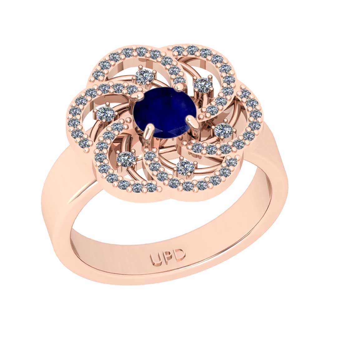 0.84 Ctw SI2/I1 Blue Sapphire and Diamond 14K Rose Gold Engagement Halo Rin: Center Stone Weight : 0.50 Ctw ( Round Cut) Center Stone Color :-Blue Sapphire Setting : Prong Side Diamond Weight Of Ctw 0.34 Ctw Color : J-K Clarity : SI2/I1 Stone Setting : Prong Metal Weight :