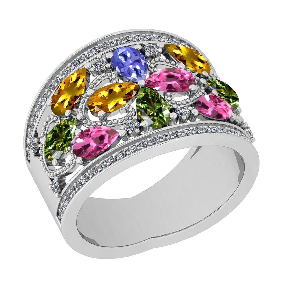 Certified 2.90 Ctw I2/I3 Multi Sapphire, tanzanite And Diamond 10K White Go: Multi Stone Approx Weight: 2.50 Ctw (Pear Cut) Multi Stone Color: Sapphire tanzanite Center Setting: Prong Side Stone 0.40 ctw Side Stone Color: J-K Side Stone Setting: Prong Side Stone Clarity: