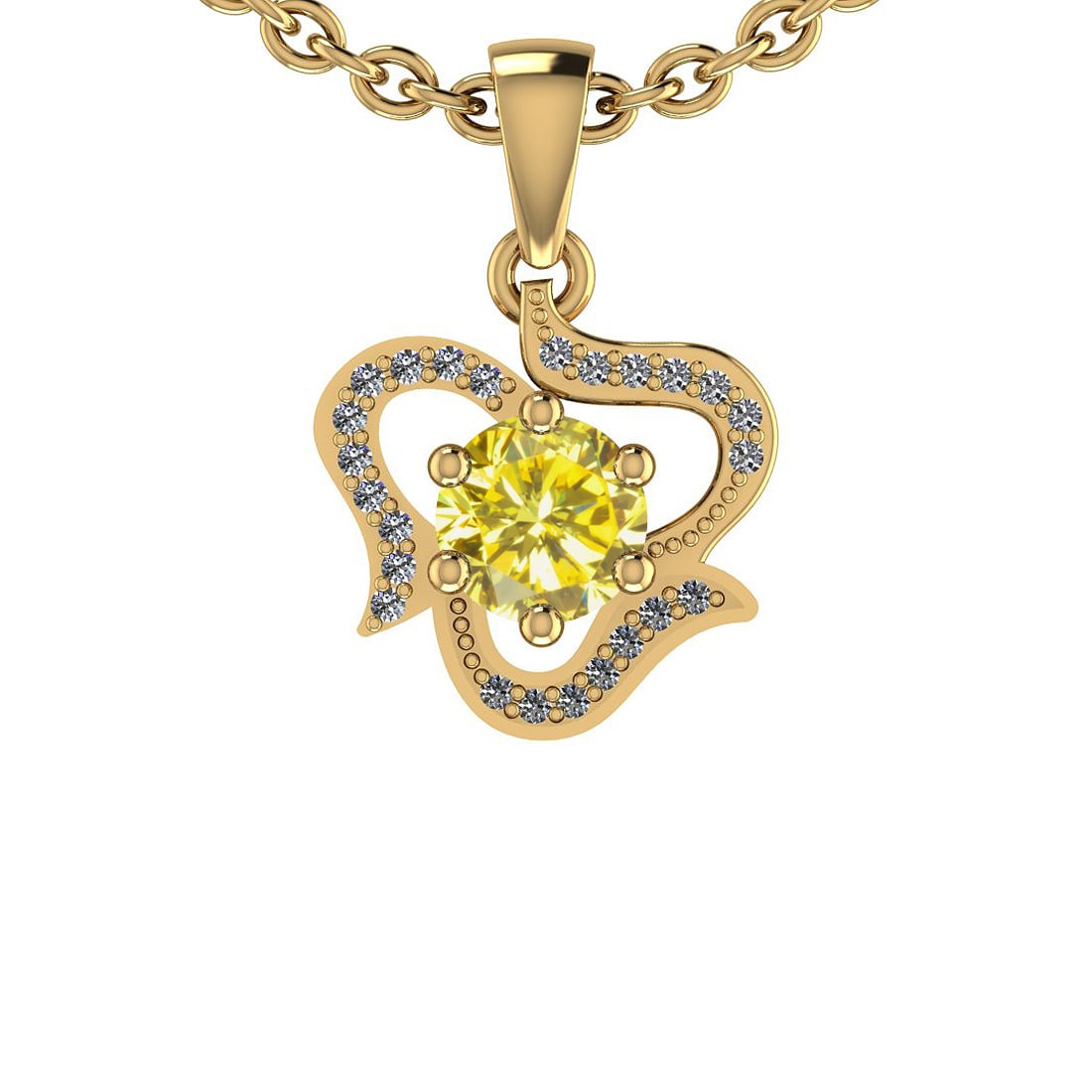 0.92 Ctw i2/i3 Treated Fancy Yellow And White Dimaond 14K Yellow Gold Penda: Center Diamond Weight : 0.80 Ctw ( Round cut) Center Diamond Color : Treated Fancy Yellow Dimaond Center Clarity : i2/i3 Center Stone Setting : Prong Side Stone Weight Of Ctw 0.12 Ctw Side Stone Color