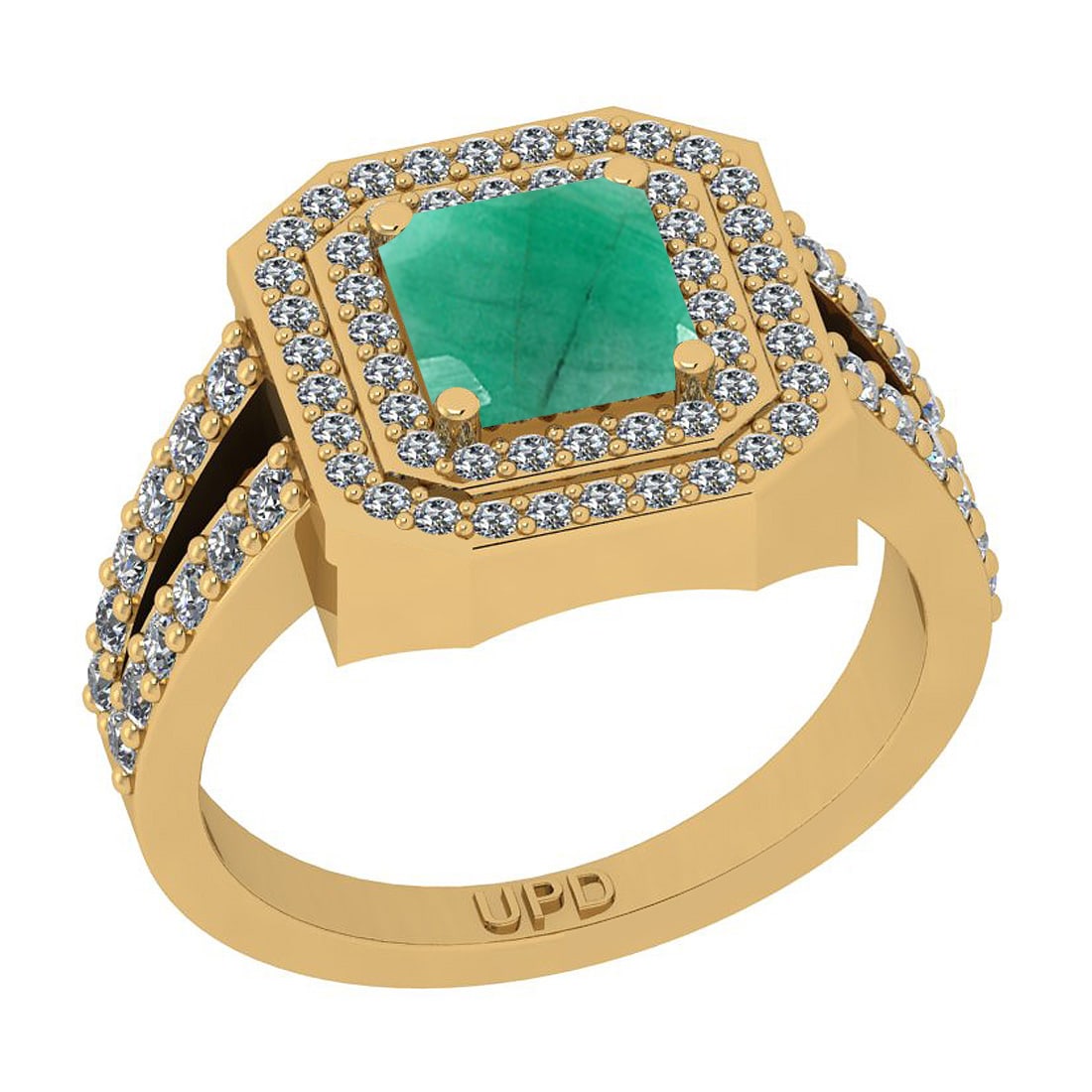 1.74 Ctw SI2/I1 Emerald And Diamond 14K Yellow Gold 2 Row Halo Engagement R: Center Stone Weight : 1.00 Ctw ( Princess Cut) Center Stone Color :-Emerald Stone Setting : Prong Side Stone Weight Of Ctw 0.74 Ctw Side Stone Color : J-K Stone Clarity : SI2/I1 Stone Setting : Prong 