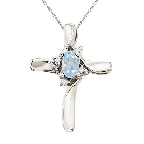 Aquamarine and Diamond Cross Necklace Pendant 14k White Gold 1.05 cttw: CENTER STONE; Aquamarine CENTER STONE CLARITY; CENTER STONE COLOR; CENTER STONE SETTING; Prong SIDE STONE CLARITY; SI SIDE STONE COLOR; I-J SIDE STONE SETTING; Prong ctw OF SIDE STONE: 0.05 SIDE STONE