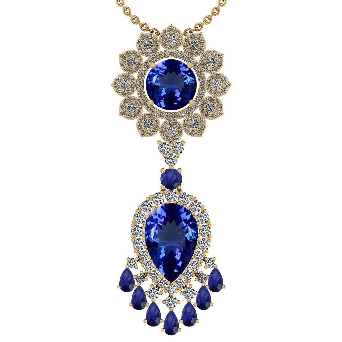 Certified 15.49 Ctw VS/SI1 Tanzanite,Blue Sapphire And Diamond 14K Yellow G: Center Stone Approx Weight: 10.57 Ctw (Pear& Round Cut ) Center Stone Color: Tanzanite Center Stone Setting: Prong Color Stone Weight: 2.00 ctw stone Color: Blue Sapphire Setting: Prong Side Stone 2.9