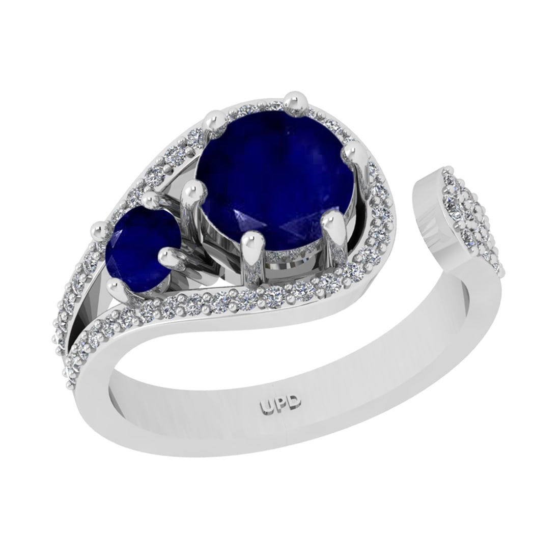 1.79 Ctw I2/I3 Blue Sapphire And Diamond 14K White Gold Engagement Ring: Center Stone Weight : 1.55 Ctw ( round Cut ) Center Stone Color : Blue Sapphire Stone Setting : Prong Side Diamond Weight Of Ctw 0.24 Ctw Side Stone Color : J-K Stone Clarity : SI2/I1 Stone Setting : 