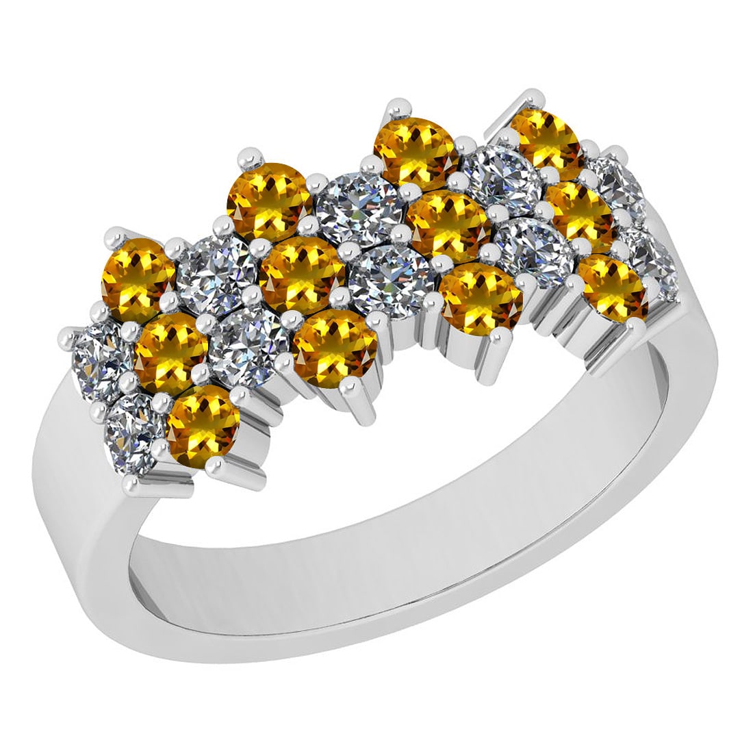 Certified 1.51 Ctw I2/I3 Yellow Sapphire And Diamond 10K White Gold Band Ri: Center Stone Approx Weight: 0.82 Ctw (Round Cut) Center Stone Color: Yellow Sapphire Center Setting: Prong Side Stone 0.69 ctw Side Stone Color: J-K Side Stone Setting: Prong Side Stone Clarity: I2/I3
