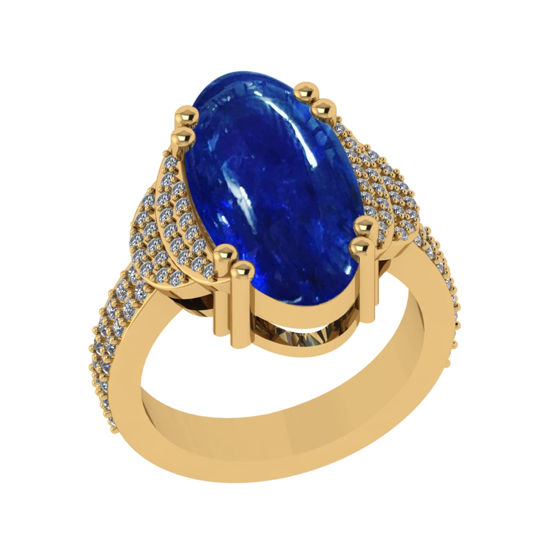 14.52 Ctw VS/SI1 Tanzanite and Diamond Prong Set 14k Yellow Gold Engagement: Center Stone Weight : 13.96 Ctw ( Oval Cab) Center Stone Color :-Tanzanite Setting : Prong Side Weight Of Ctw 0.56 Ctw Color : J-K Clarity : VS/SI1 Stone Setting : Prong Metal Weight : Approx 9.90