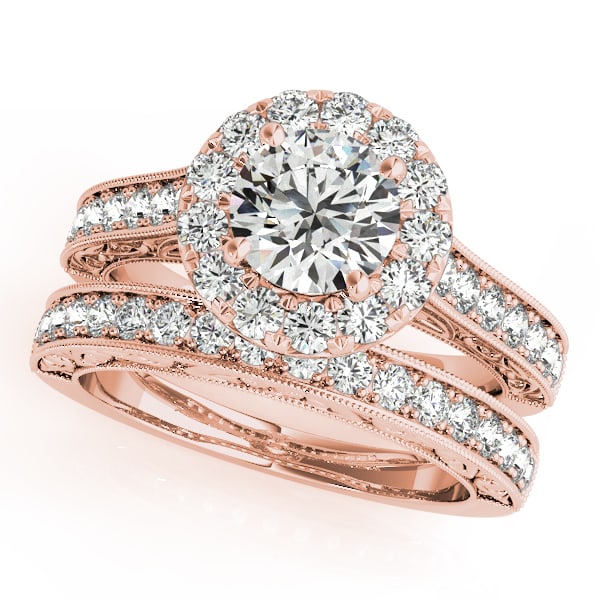 Certified 1.40 Ctw SI2/I1 Diamond 14K Rose Gold Engagement Halo Set Ring: Center Diamond Approx Weight: 0.70 Ctw (Round Cut) Center Color: J-K Center Stone Clarity: SI2/I1 Center Stone Setting: Prong Side Stone 0.70 Ctw Side Stone Color: J-K Stone Clarity: SI2/I1 Stone Sett