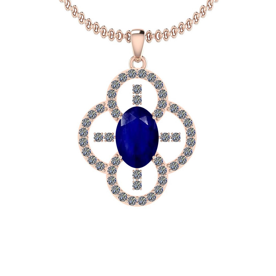 3.18 Ctw I2/I3 Blue Sapphire And Diamond 14K Rose Gold Necklace: Center Stone Weight : 2.50 Ctw (Oval Cut ) Center Stone Color : Blue Sapphire Center Stone Setting : Prong Side Stone Weight Of Ctw 0.68 Ctw Side Stone Color : J-K Stone Clarity : I2/I3 Stone Setting 