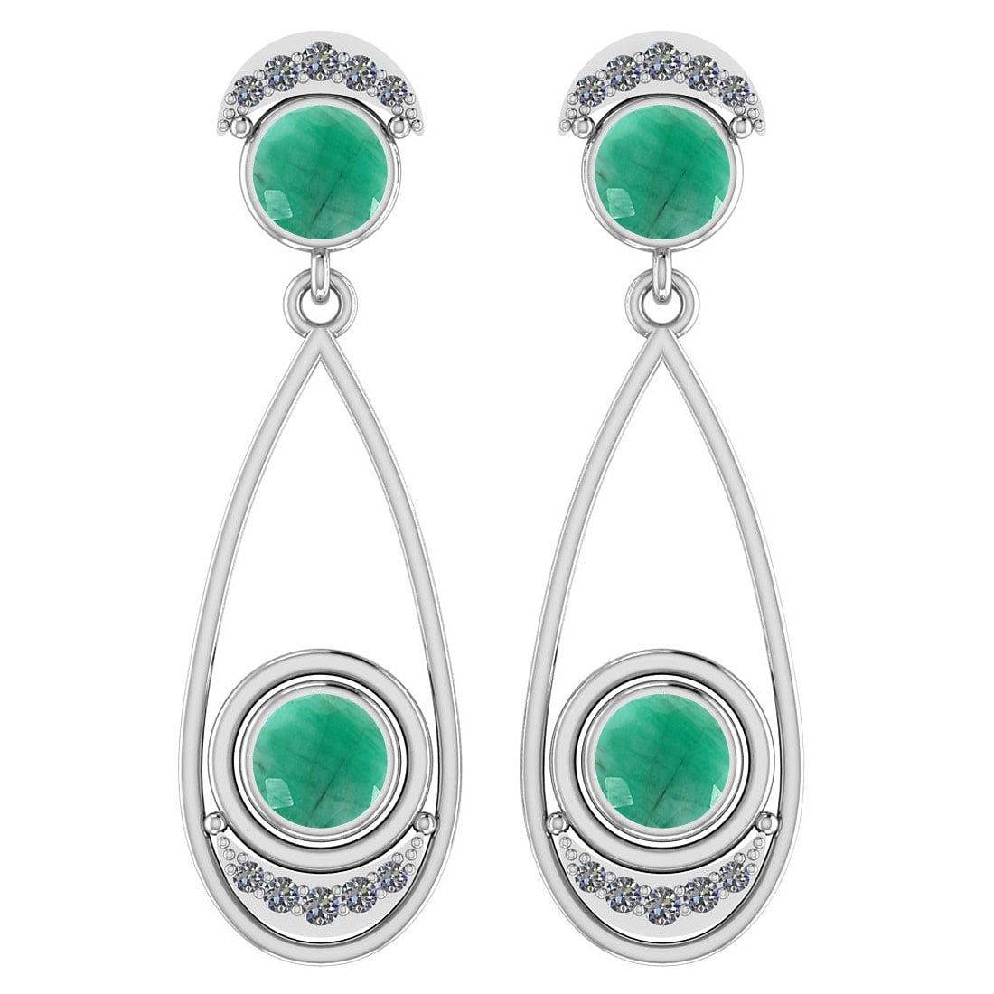 4.15 Ctw I2/I3 Emerald And Diamond 14K White Gold Earrings: Center Stone Weight ; 4.00 Ctw (4 Psc Round ) Stone Color :Emerald Color Stone Setting ; Bezel Side Stone Weight of Ctw ; 0.15 ctw Side Stone Color : J-K Side Stone Setting: Prong Side Stone Clarity :