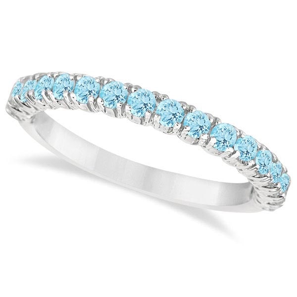 Half-Eternity Pave-set Aquamarine Stacking Ring 14k White Gold 1.00 ctw: CENTER STONE; Aquamarine CENTER STONE CLARITY; CENTER STONE COLOR; Blue CENTER STONE SETTING; Pave SIDE STONE CLARITY; SIDE STONE COLOR; SIDE STONE SETTING; ctw OF SIDE STONE: SIDE STONE QUALITY;