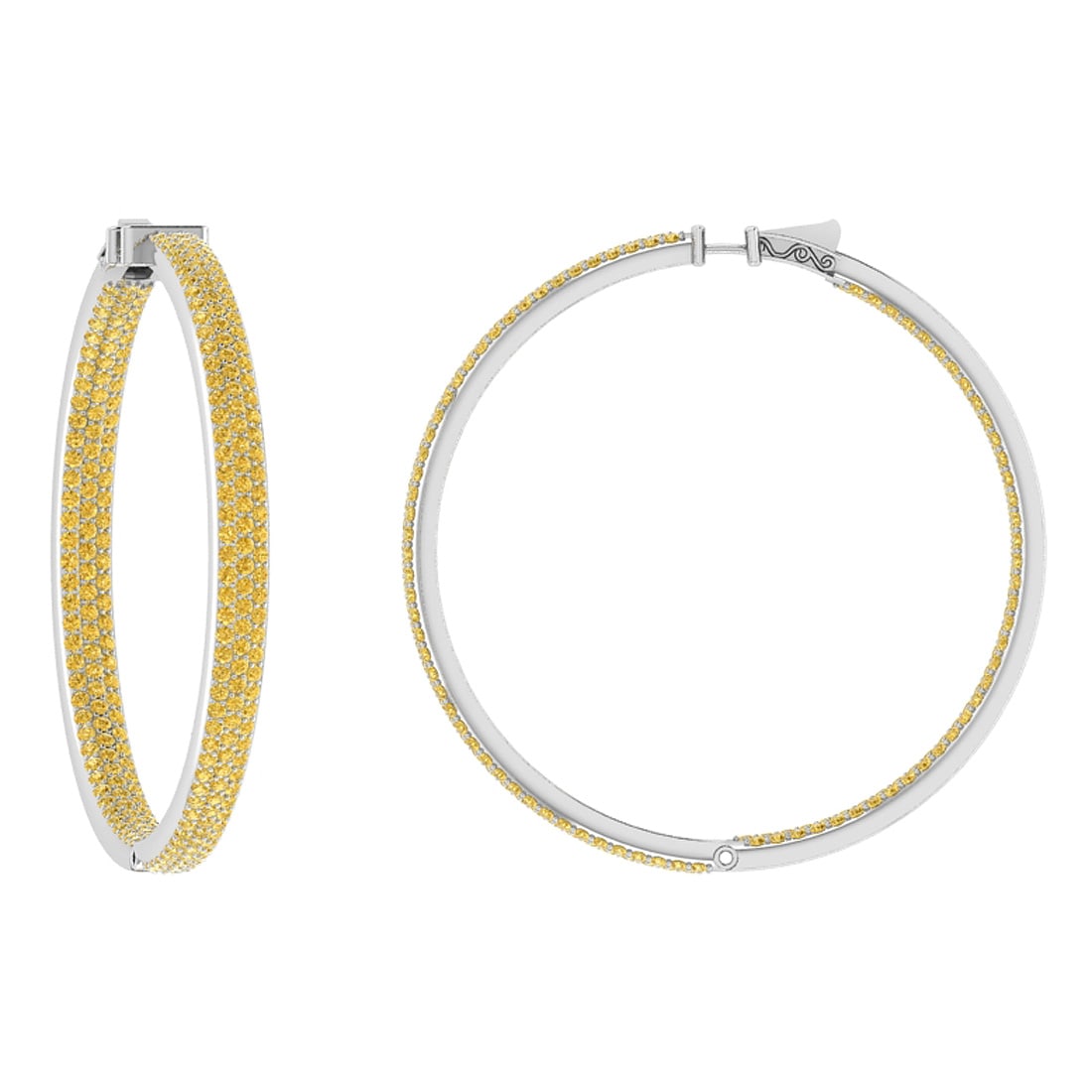 2.40 Ctw i2/i3 Treated Fancy Yellow Diamond 14K White Gold Hoop Earrings: Center Diamond Weight : 2.40 Ctw (Round Cut) Center Diamond Color :-Treated Fancy Yellow Diamond Center Clarity : i2/i3 Stone Setting : Prong Metal Weight : Approx 8.40 Gram 14K White Gold Hoop