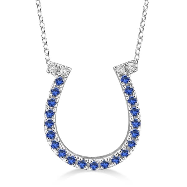 Sapphire and Diamond Horseshoe Pendant Necklace 14k White Gold 0.25ctw: CENTER STONE; Sapphire CENTER STONE CLARITY; CENTER STONE COLOR; Blue CENTER STONE SETTING; Prong SIDE STONE CLARITY; SI SIDE STONE COLOR; J-K SIDE STONE SETTING; Prong ctw OF SIDE STONE: 0.04 SIDE ST
