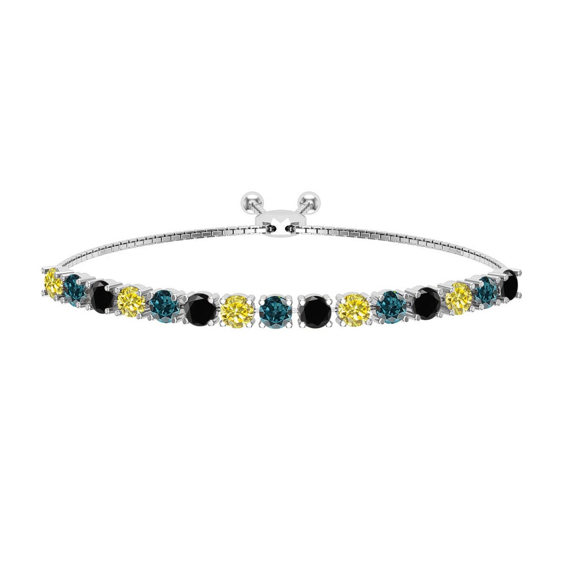 1.04 Ctw I2/I3 Multi Diamond14K White Gold Slide Bracelet: Center Diamond Weight : 1.04 Ctw (Round Cut) Center Diamond Color :- Treated Fancy Blue black yellow diamond Center Clarity : I2/I3 Stone Setting : Prong Metal Weight : Approx 5.60 Gram 14K White