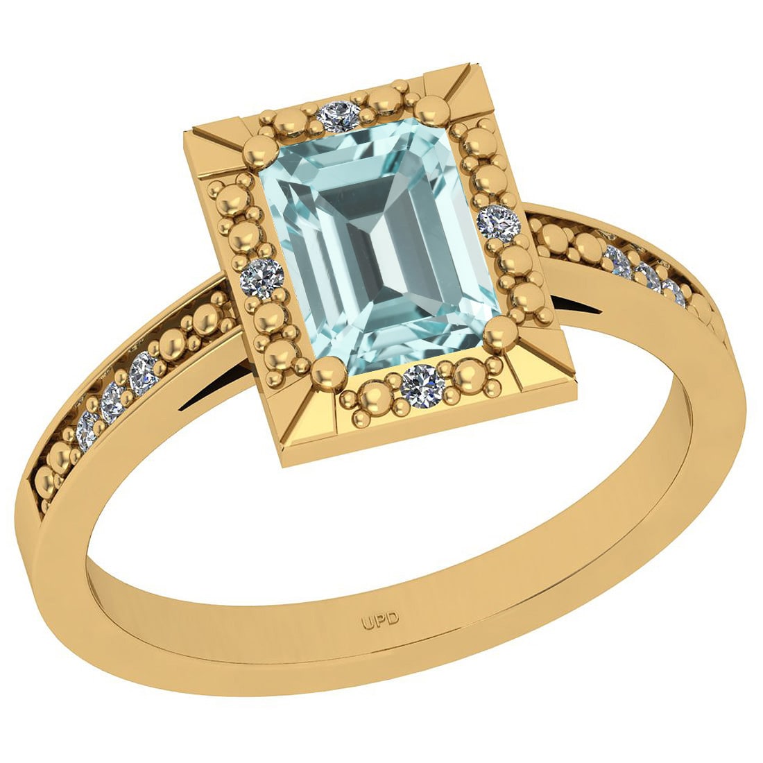 0.45 Ctw SI2/I1 Aquamarine And Diamond 14k Yellow Gold Ring: Center Stone Weight : 0.37 Ctw (Emerlald Oct Cut) Center Stone Color :-Aquamarine Center Stone Setting : Prong Side Stone Weight Of Ctw 0.08 Ctw Side Stone Color : J-K Stone Clarity : SI2/I1 Stone Set