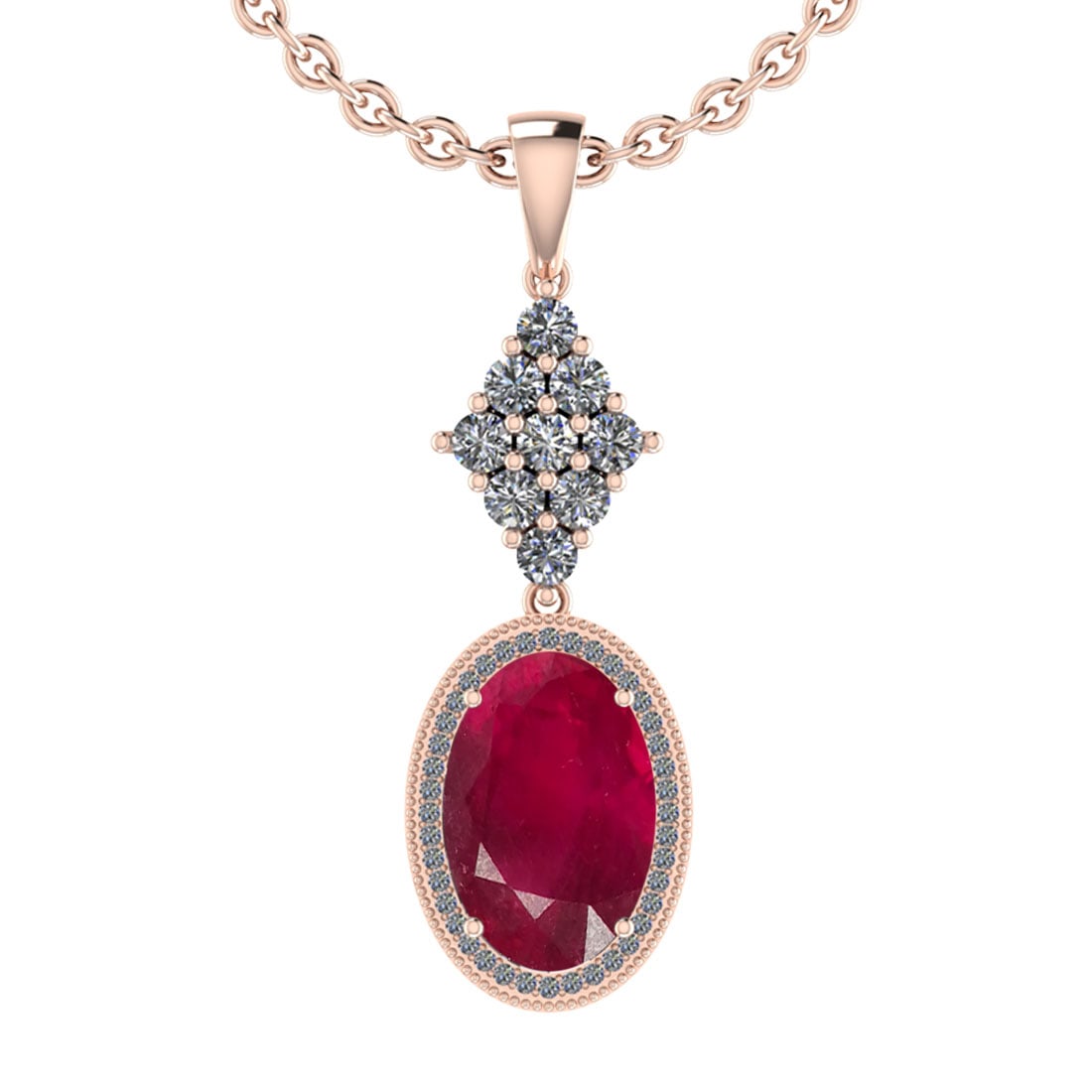 14.65 CtwSI2/I1 Ruby And Diamond 14K Rose Gold Pendant Necklace: Center Stone Weight : 12.82 Ctw ( Oval Cut ) Center Stone Color : Ruby Stone Setting : Prong Side Diamond Weight Of Ctw 1.83 Ctw Side Stone Color : J-K Stone Clarity :SI2/I1 Stone Setting : Prong Meta