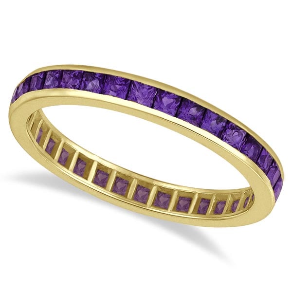 Princess-Cut Amethyst Eternity Ring Band 14k Yellow Gold 1.36ctw: CENTER STONE; Amethyst CENTER STONE CLARITY; CENTER STONE COLOR; Purple CENTER STONE SETTING; Channel SIDE STONE CLARITY; SIDE STONE COLOR; SIDE STONE SETTING; ctw OF SIDE STONE: SIDE STONE QUALITY;
