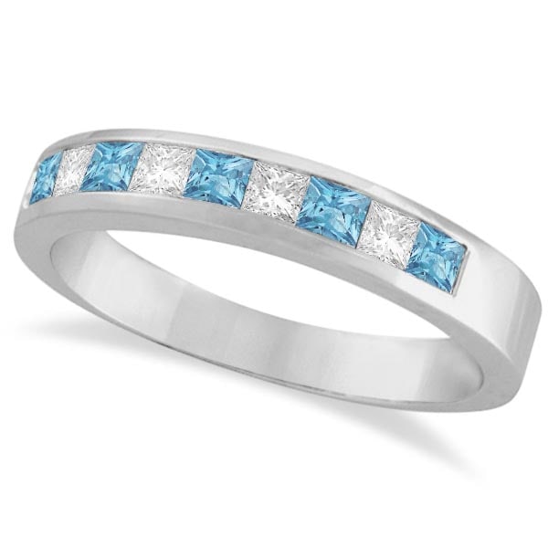 Princess Channel-Set Diamond and Aquamarine Ring Band 14K White Gold: CENTER STONE; Aquamarine CENTER STONE CLARITY; CENTER STONE COLOR; Blue CENTER STONE SETTING; Channel SIDE STONE CLARITY; SI SIDE STONE COLOR; J-K SIDE STONE SETTING; Channel ctw OF SIDE STONE: 0.23
