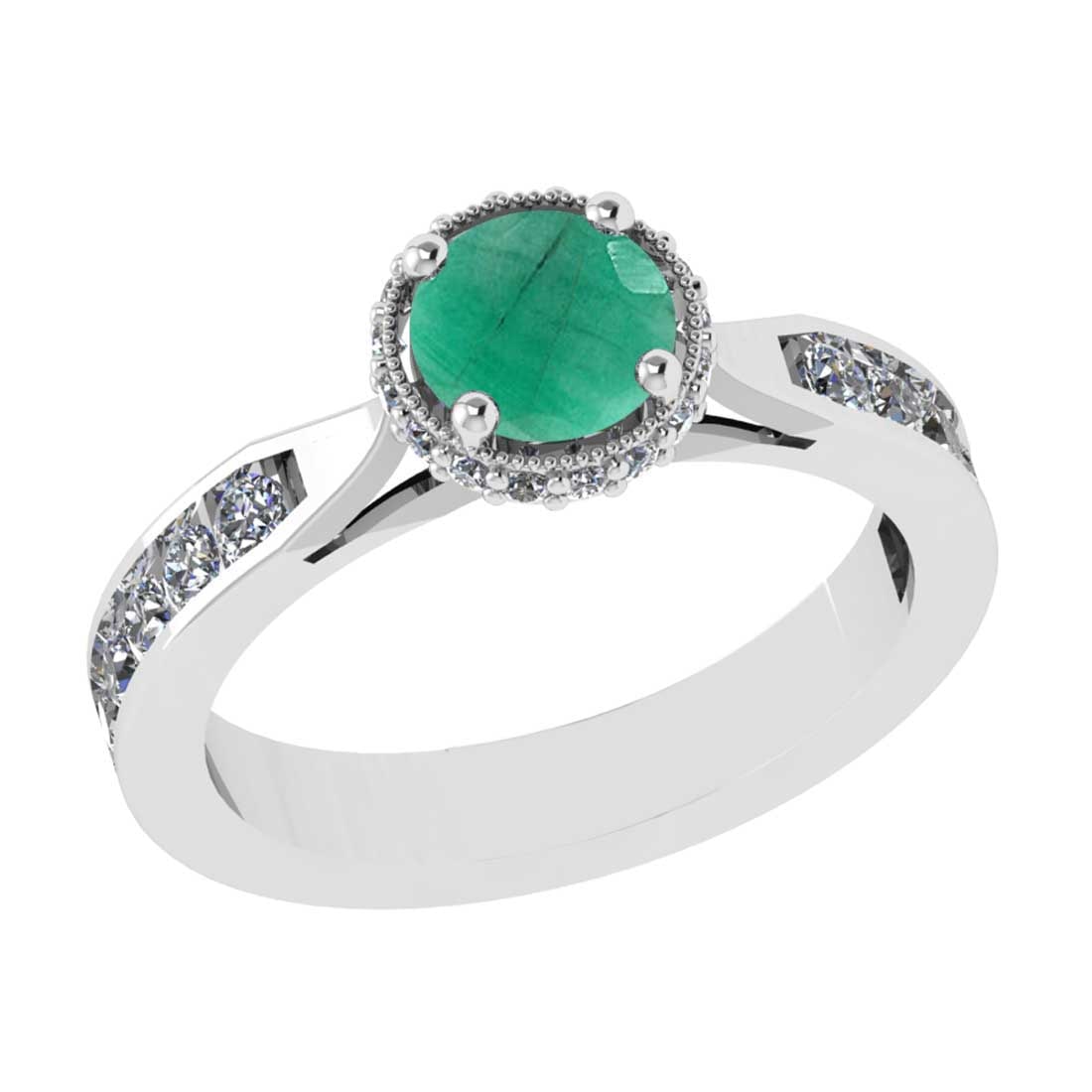 1.73 Ctw SI2/I1 Emerald and Diamond 14K White Gold Engagement Halo Ring: Center Stone Weight : 1.20 Ctw ( Round Cut) Center Stone Color :-Emerald Setting : Prong Side Diamond Weight Of Ctw 0.53 Ctw Color : J-K Clarity : SI2/I1 Stone Setting : Prong Metal Weight : Approx
