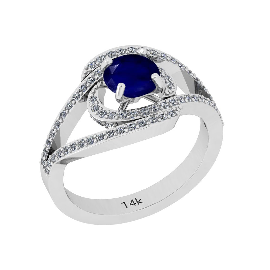 1.41 Ctw I2/I3 Blue Sapphire And Diamond 14k White Gold Ring: Center Stone Weight ; 1.00 Ctw ( 1 Pec Round) Center Stone Color : Blue Sapphire Center Stone Setting ; Prong Side Diamond Weight of Ctw ; 0.41 ctw Side Diamond Color : J-K Side Stone Setting: Prong