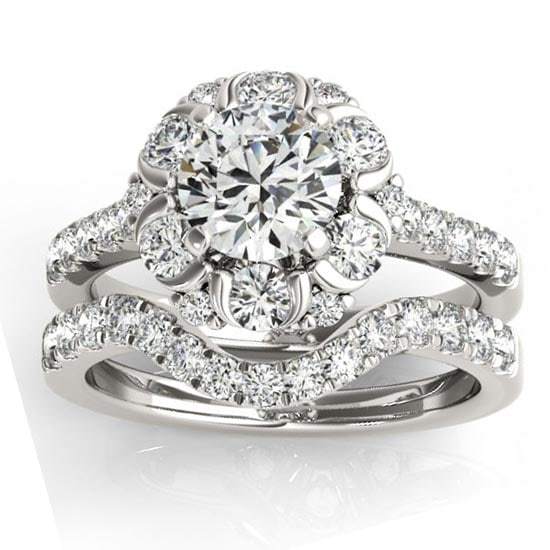 Flower Halo Diamond Ring and Band Bridal Set 14k White Gold 1.21ctw: CENTER STONE0.80CTW ; CENTER STONE CLARITY; CENTER STONE COLOR; CENTER STONE SETTING; SIDE STONE CLARITY; SI1-SI2 SIDE STONE COLOR; J-K SIDE STONE SETTING; Prong ctw OF SIDE STONE: 0.41 CTW SIDE STONE