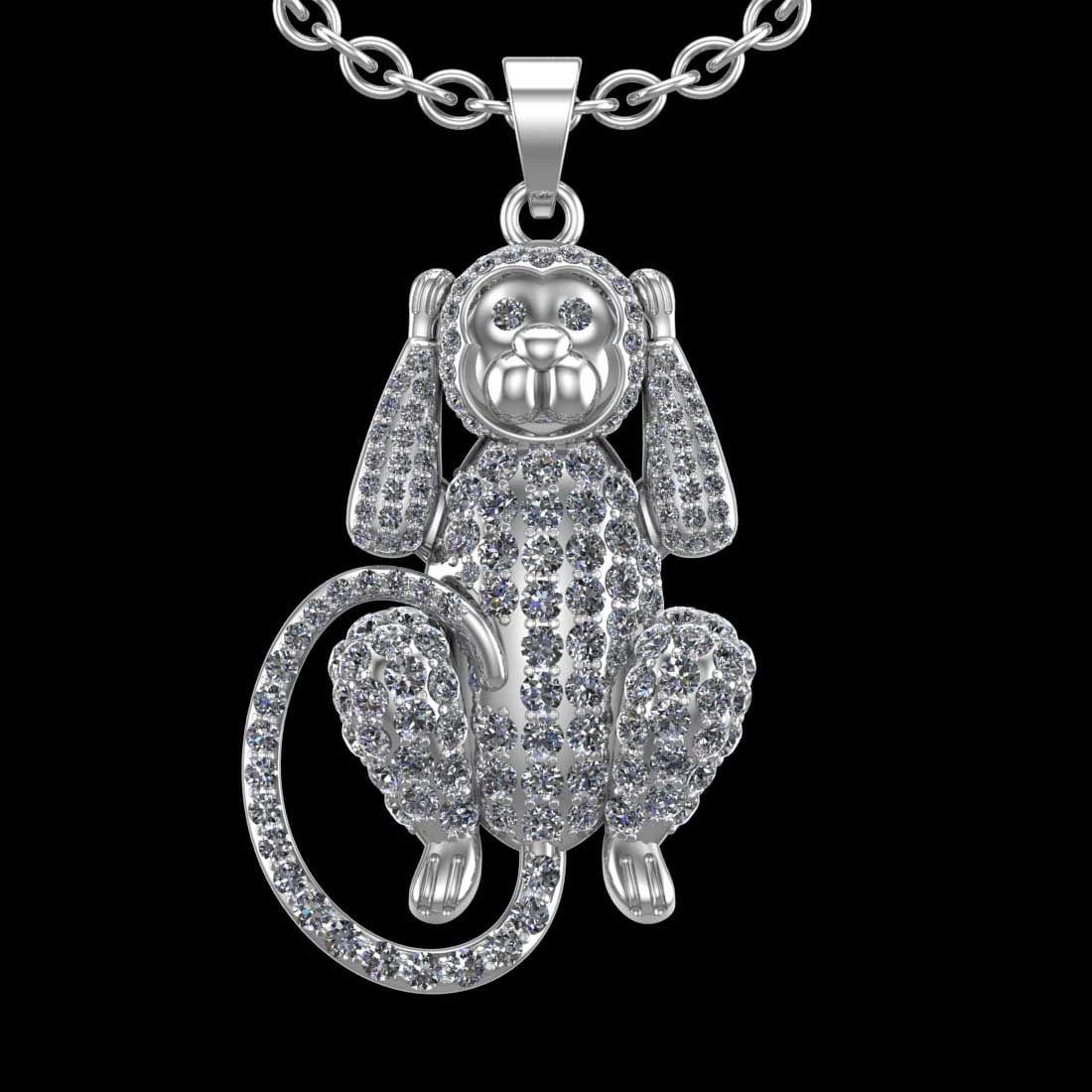 5.09 Ctw SI2/I1 Diamond 18K White Gold monkey Pendant Necklace: Total Diamond Weight : 5.09 Ctw (Round cut) Center Diamond Color :- J-K Center Clarity : SI2/I1 Stone Setting : Prong Metal Weight : Approx 14.90 Gram 18K White Gold monkey Pendant Necklace Length 40 