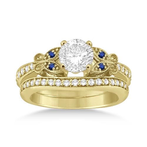 Butterfly Diamond and Blue Sapphire Bridal Set 14k Yellow Gold 0.92ctw: CENTER STONE0.50ctw; Sapphire,Diamond CENTER STONE CLARITY; Eye Clean#SI1-SI2 CENTER STONE COLOR; Blue,J-K CENTER STONE SETTING; Pave,Pave SIDE STONE CLARITY; SIDE STONE COLOR; SIDE STONE SETTING; 0.4