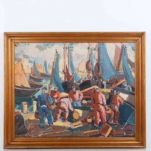 PIERRE DE BELAY (1890-1947): PIERRE DE BELAY (1890-1947) "Pier with boats and figures" Oil on canvas, signed. Faults and minor defects. Dim .: 71x90 cm.