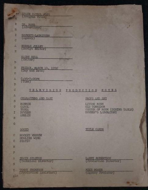 "Space Patrol" 1953 Call sheet 1953 (1 of 4)