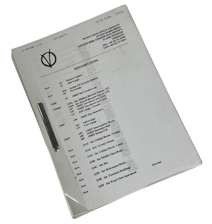 V for Vendetta (2005) - Adrian Biddle's Shooting Script: V for Vendetta (2005) - Adrian Biddle's Shooting Script.This item belonged to esteemed Cinematographer Adrian Biddle.Original Adrian Biddle's shooting script from the production of the James McTeigue
