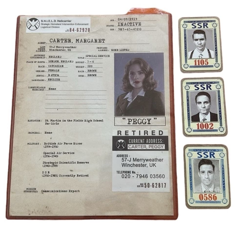 Agent Carter (2015-2016) - Peggy Carter's (Hayley Atwell) File and 3 SSR Cards: Agent Carter (2015-2016) - Peggy Carter's (Hayley Atwell) File and 3 SSR Cards.Original file for "Peggy Carter", played by Hayley Atwell along with 3 SSR cards used in the Christopher Markus Stephen M
