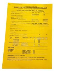 Harry Potter and the Prisoner of Azkaban (2004) -  - Call Sheet