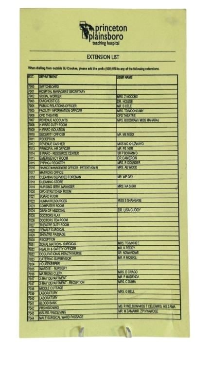 House (2004[x=#8211/]2012) - Prop Phone Number Extension List: House (2004[x=#8211/]2012) - Prop Phone Number Extension List.Original prop phone number extension list used in the production of the Joel Schumacher directed medical drama television series 'House' (
