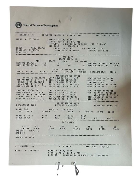 The X-Files (1993-) - FBI Employee Master File Data Sheet (1 of 1)
