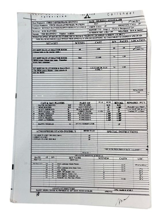 The X-Files (1993-) - Call Sheet / Pocket Script Pages (1 of 2)