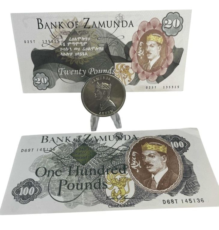 Coming 2 America (2021) - Bank of Zamunda Currency Collection: Coming 2 America (2021) - Bank of Zamunda Currency Collection.Original 20 and 100 pound bills along with a silver coin from the Bank of Zamunda used in the production of the Craig Brewer directed come