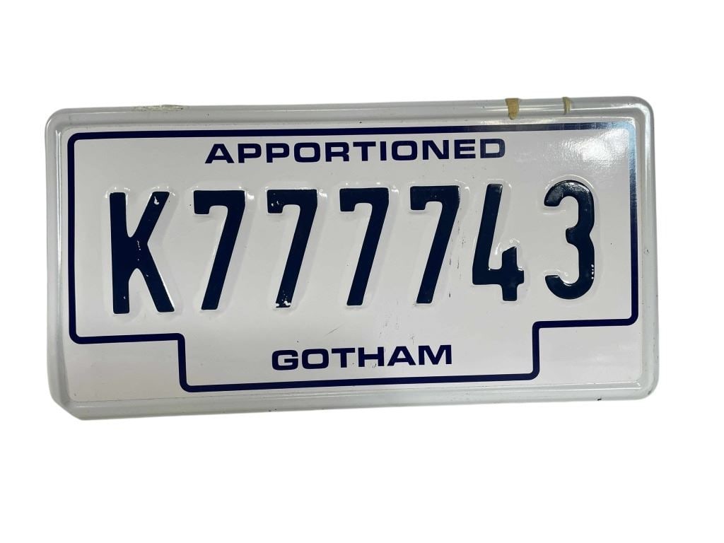 Batman Begins (2005) - Gotham License Plate: Batman Begins (2005) - Gotham License Plate.Original Gotham license plate used in the Christopher Nolan directed superhero film 'Batman Begins' (2005), where, after training with his mentor, Batman be