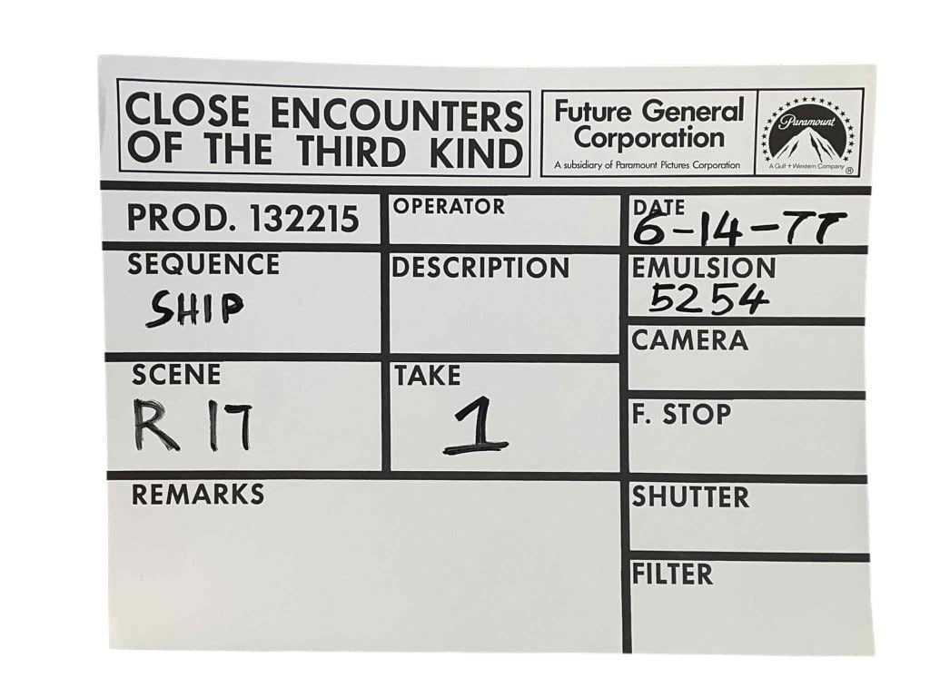 Close Encounters of the Third Kind (1977) - Paper Clapperboard: Close Encounters of the Third Kind (1977) - Paper Clapperboard.Measures 8 1/2" x 11".Original paper clapperboard used in the Steven Spielberg directed science fiction drama film film 'Close Encounters